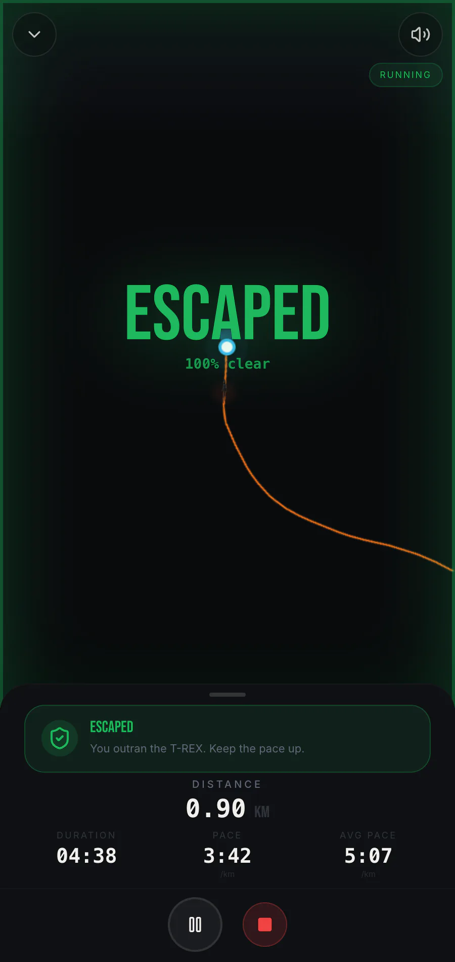 Raptor Run screen showing a successful escape from a chase