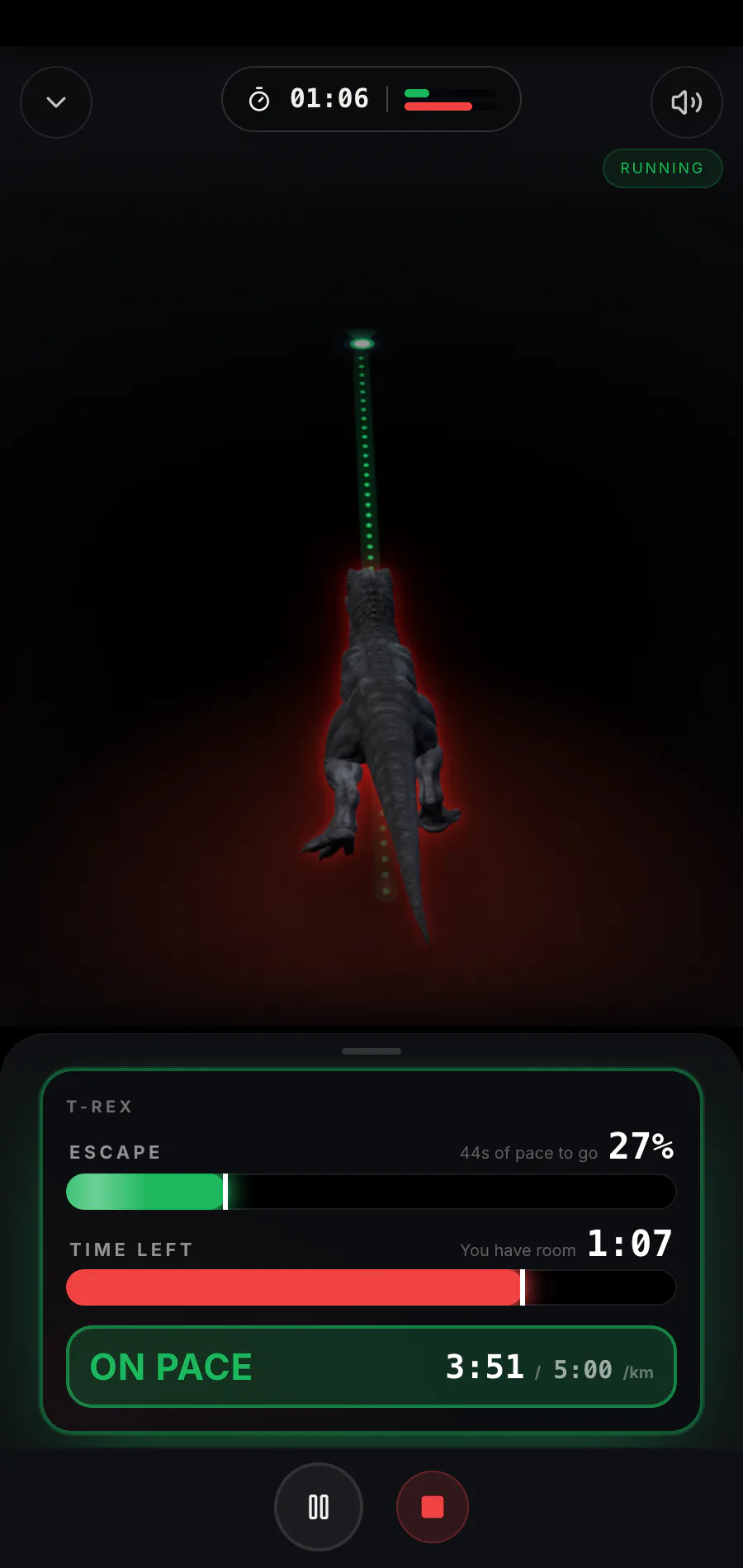 Raptor Run active T-Rex chase with escape and threat meters and pace target