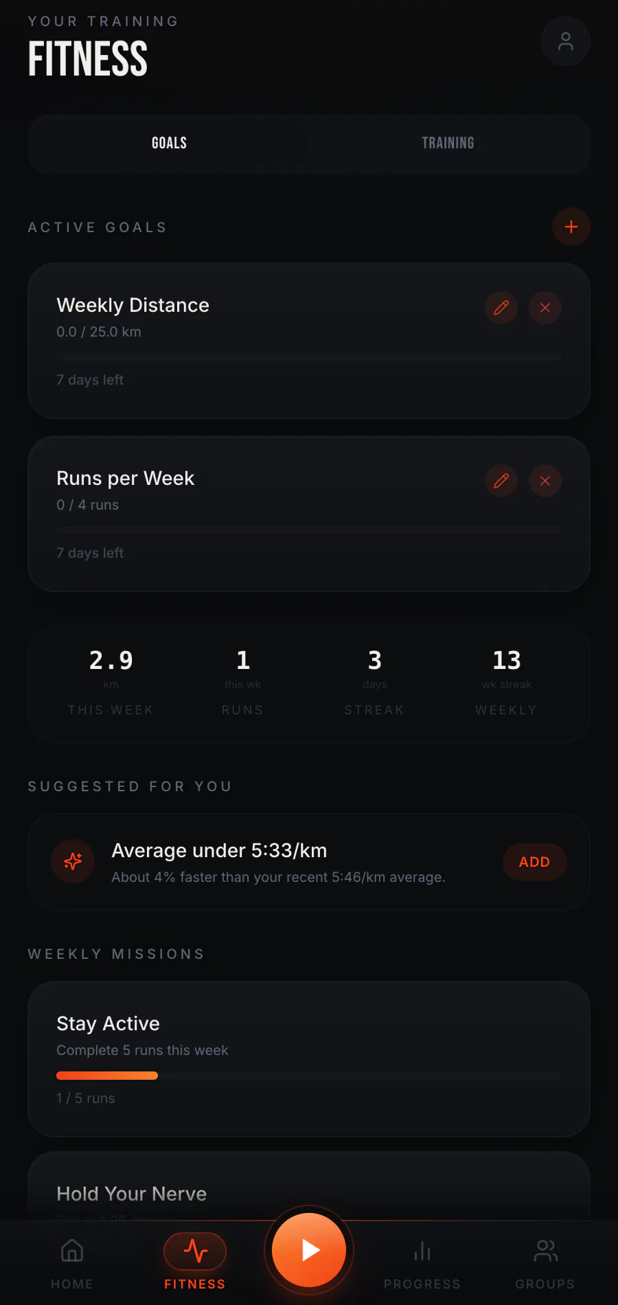 Raptor Run Fitness Goals tab showing three goals and weekly missions on a demo account