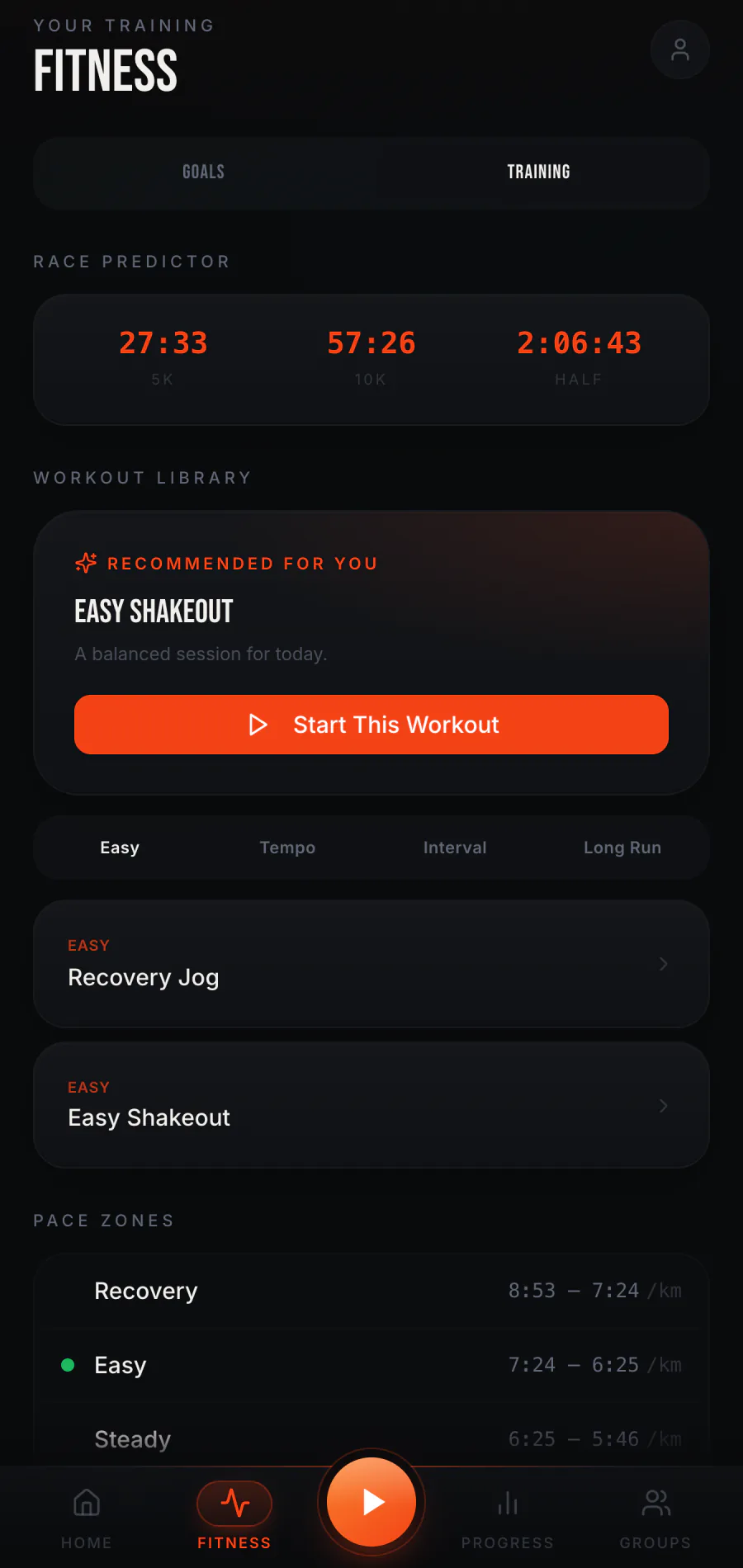 Raptor Run Training tab showing the workout library in the real app