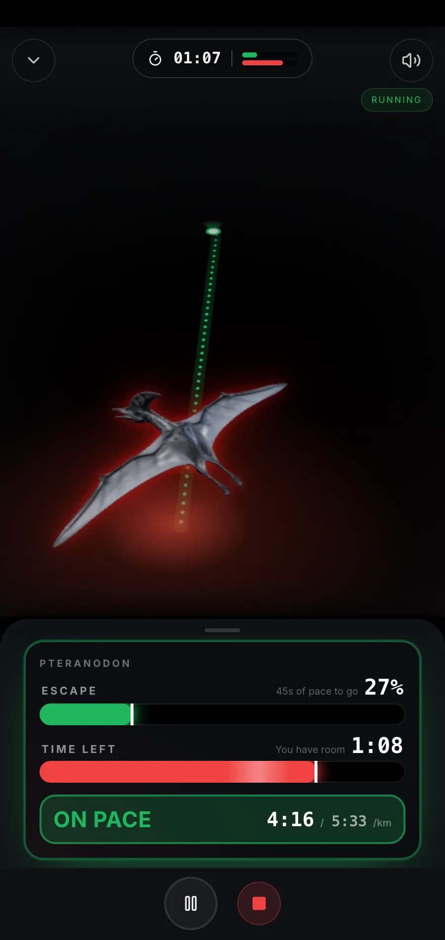 Raptor Run Pteranodon chase screen with escape and threat meters