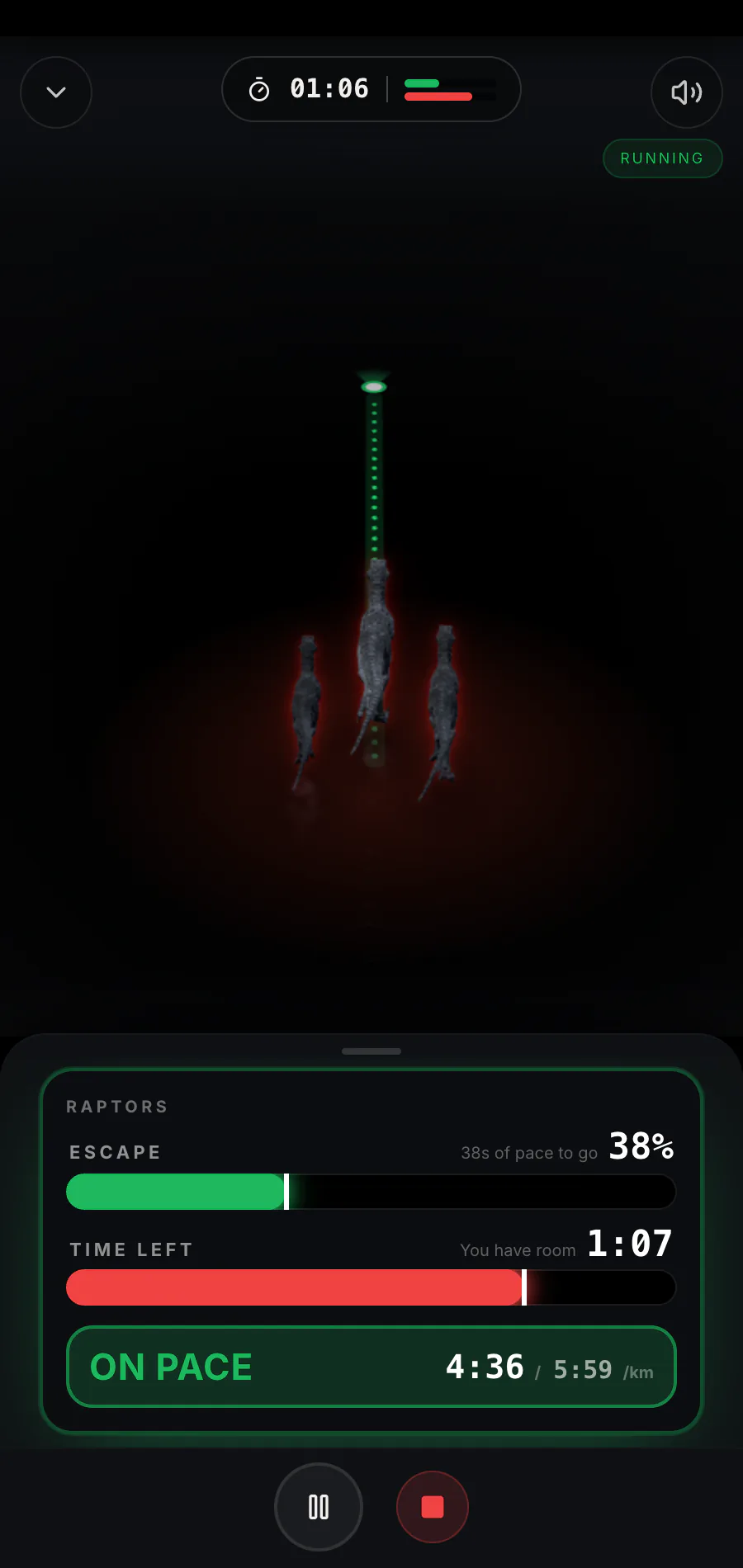 Actual Raptor Run mid-chase screen showing three raptors, escape progress, time left, and target pace