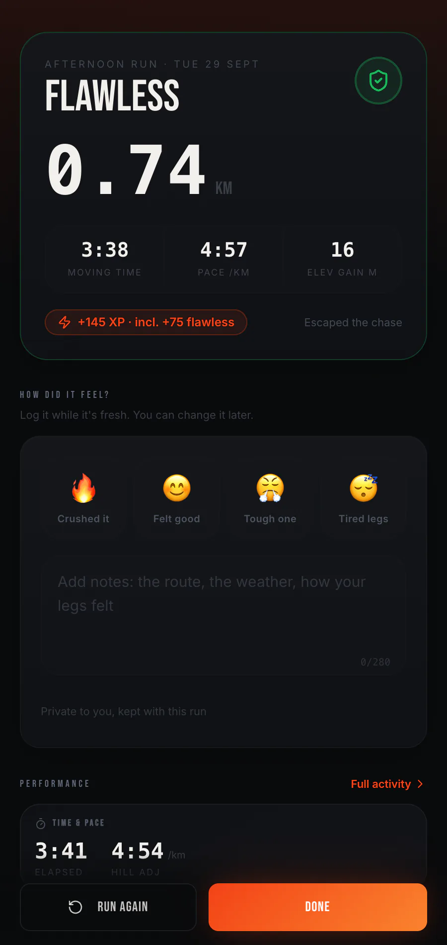 Raptor Run post-run summary with recorded route and chase outcome